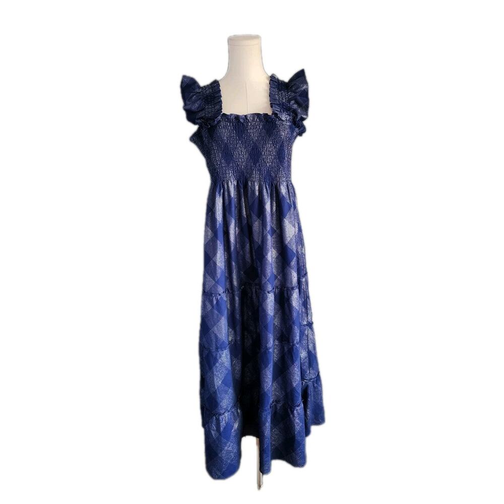 HILL HOUSE XL 14 Ltd Ed Navy/Silver Ellie Nap Dress Smocked Sundress Midi Tiered